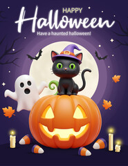 3D cartoon black cat sitting on pumpkin Happy Halloween poster
