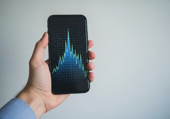 Dynamic stock market graph displaying upward trend on smartphone held by hand, perfect for financial analysis and investment planning visuals