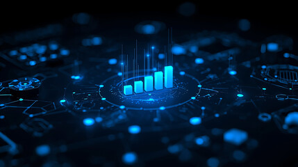 Abstract digital graph and data visualization depicting business growth in a dark blue background