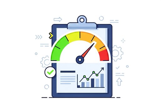 Dynamic speedometer gauge on clipboard with upward trending graph and checkmark signifies exceptional business performance and success achievement