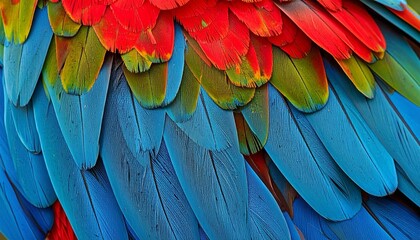 Fototapeta premium Colorful parrot feathers in layered close-up
