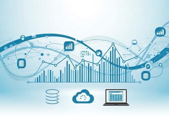 Dynamic data analysis and cloud computing visualized through modern infographics and network connections, perfect for tech presentations and business strategies.