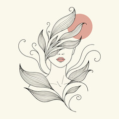 Abstract illustration of a womans face partially covered by leaves and vines, with a soft pink circle in the background