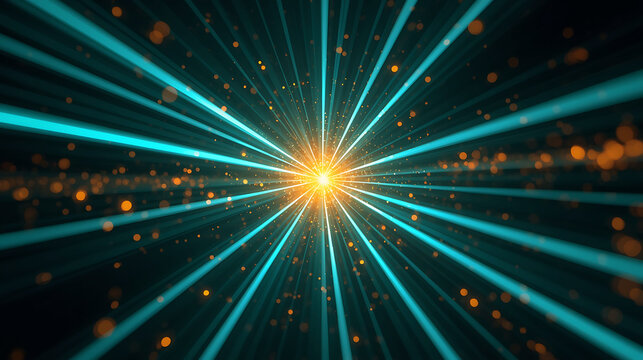 Abstract light burst background with converging blue lines and blurred orange spots creating a dynamic futuristic and energetic design