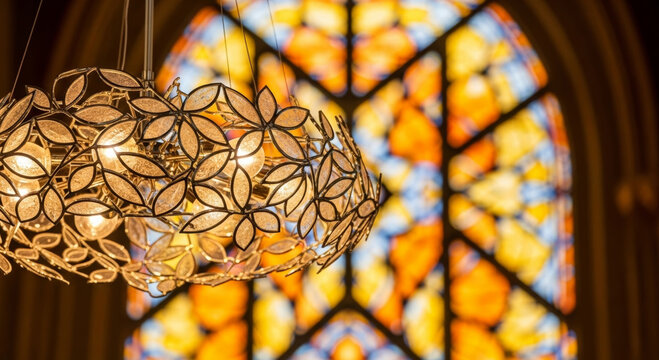 Ornamental metal chandelier with floral motif and warm glowing bulbs creating cozy ambiance in front of colorful arched stained glass window