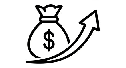 Illustration of a money bag with an upward arrow, , representing investment growth or financial success in a simple style