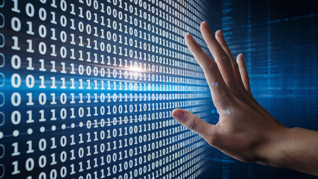 Immersive digital experience with hand touching binary code, conceptualizing futuristic tech, data streams and artificial intelligence integration