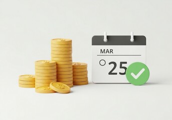 Golden coins stacked beside a calendar showing March 25th with a green checkmark, symbolizing financial success and important dates.