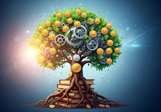 Cultivate financial growth and success with this dynamic concept of a money tree blossoming with currency coins and intricate gears, symbolizing knowledge and prosperity.
