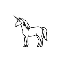 Elegant unicorn standing on a plain with a majestic horn and flowing mane, symbolizing fantasy and mythical creatures