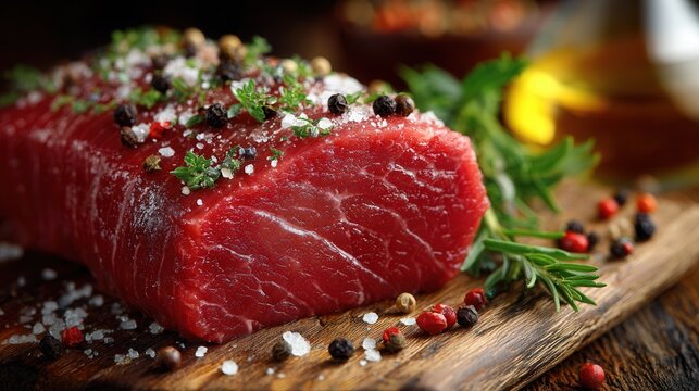 Fresh beef tenderloin meat on rustic table surrounded by spices and herbs