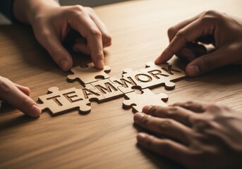 Hands collaboratively assemble wooden puzzle pieces spelling TEAMWORK, symbolizing unity and shared goals in a professional setting, inspiring connection and success.
