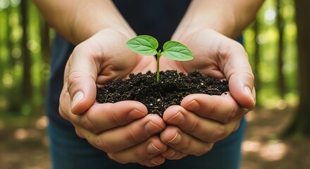 Close-up of hands holding a small green plant growing from soil, blurred forest background, hope and sustainability theme, ultra-realistic macro shot