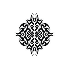 Intricate tribal tattoo design featuring symmetrical sharp lines and bold curves forming a complex pattern
