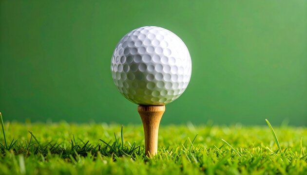 White golf ball on wooden tee, close-up on green turf with solid green backdrop. - Powered by Adobe