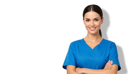 Nurse or healthcare worker in blue scrubs with arms crossed, confident smile, isolated on white background, high-quality realistic lighting