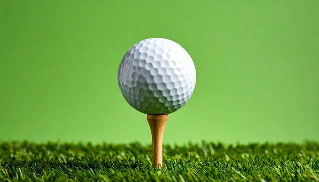 White golf ball on wooden tee, close-up on green turf with solid green backdrop.