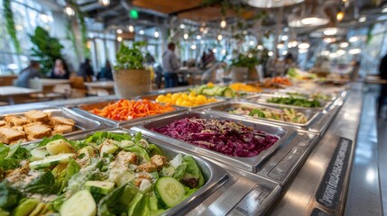 Cafeteria lunch scene with students eating avocado sandwiches
