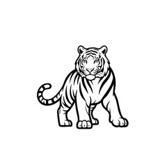 Stylized Black and White Line Drawing of a Majestic Tiger Standing with a Confident Posture