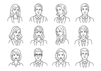 Diverse team of professional business people, men and women, depicted in clean line art avatars ready for corporate branding and digital profiles