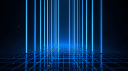 Futuristic blue neon grid background with glowing vertical lines ideal for technology concept