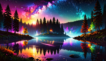 Fototapeta premium Vibrant galaxy forest reflecting on a tranquil neon lake. Dreamy cosmic lights glowing over a magical forest lake. Colorful galaxy night sky shining above peaceful waters