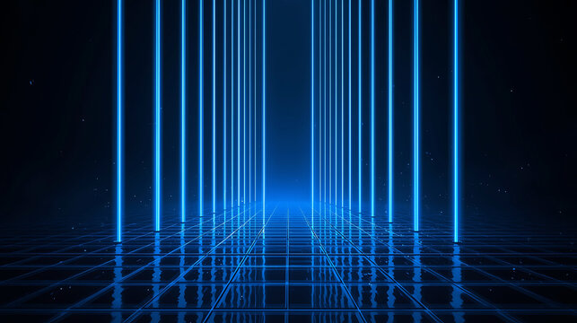 Futuristic blue neon grid background with glowing vertical lines ideal for technology concept