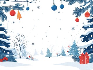Christmas background in watercolor style for graphic design or wallpaper. A cartoonish rural village filled with white snow and beautifully decorated Christmas trees to welcome the Christian New Year.