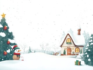 Christmas background in watercolor style for graphic design or wallpaper. A cartoonish rural village filled with white snow and beautifully decorated Christmas trees to welcome the Christian New Year.