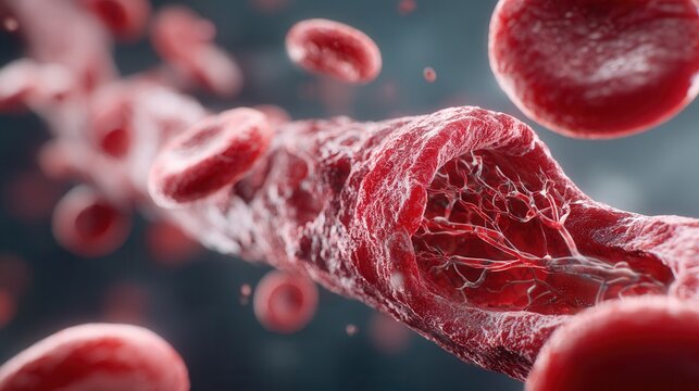 Artery blockage and constriction illustration with blood congestion