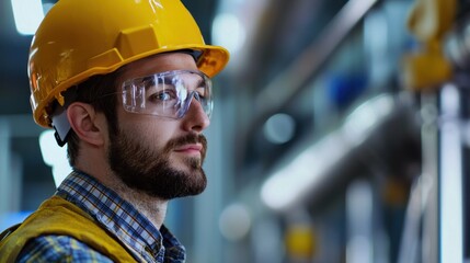 A man in a yellow hard hat and safety glasses, standing in a factory setting with industrial equipment and machinery.