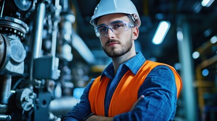 A young man in a hard hat and safety glasses stands in a factory setting, with industrial machinery in the background.