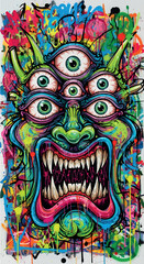 Obraz premium Vibrant and grotesque monster face with multiple eyes and sharp teeth, rendered in a colorful, graffiti-inspired street art style.