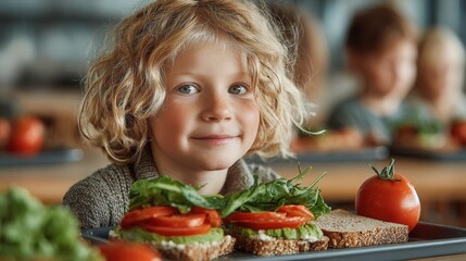 Healthy lunch concept with students eating avocado sandwiches