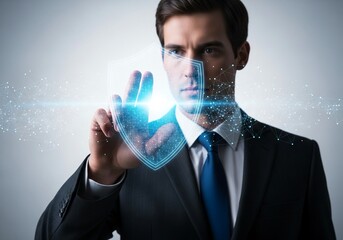 Professional businessman confidently interacts with futuristic digital shield, symbolizing robust cybersecurity and advanced data protection in a modern tech environment.