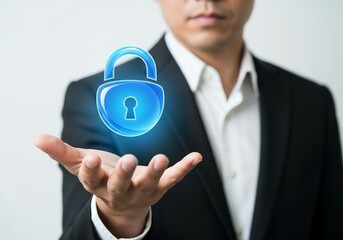 Professional businessman confidently offers digital security and data protection with a glowing blue padlock icon symbolizing trust and safety in technology