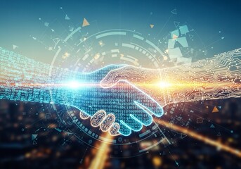 Dynamic digital handshake symbolizing futuristic business partnership and global connection, illuminated by vibrant binary code and circuit board patterns