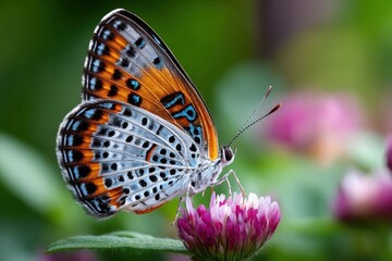 Obraz premium Butterfly with orange and blue wings on pink flower