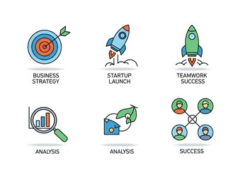 Achieve your business goals with strategic planning, dynamic startup launches, collaborative teamwork, insightful analysis, and ultimate success depicted through modern icons.