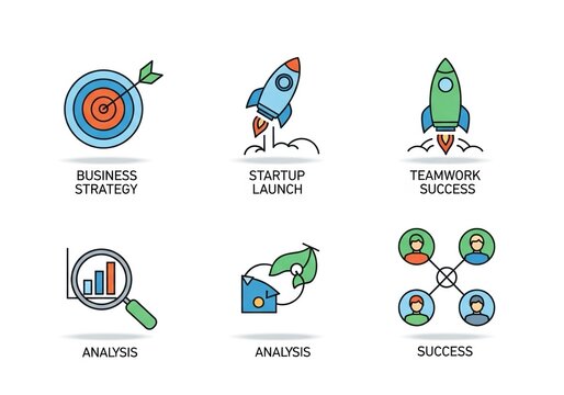 Achieve your business goals with strategic planning, dynamic startup launches, collaborative teamwork, insightful analysis, and ultimate success depicted through modern icons.