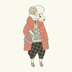 Elegant retro-inspired ram character with a book, for educational materials and conceptual designs. Hand-drawn contour illustration, pastel soft palette. Isolated design element on light beige