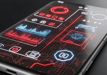 Dynamic digital interface displaying futuristic data analytics and glowing circuit board patterns on a sleek smartphone screen, perfect for technology and innovation concepts