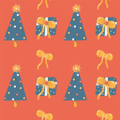 Christmas seamless pattern on bright red background: presents and Christmas tree, hand-drawn in playful style. Suitable for wrapping paper, festive decor, gift packaging, children’s holiday products