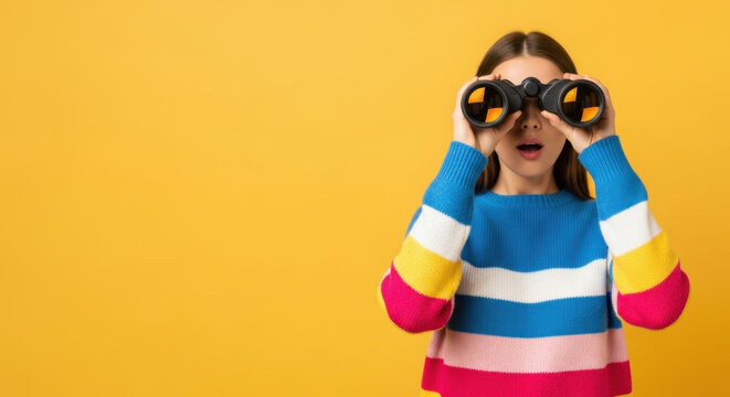 Woman Exploring with Binoculars Against Bright Yellow Background Discovering New Opportunities Searching for Answers Looking for Something