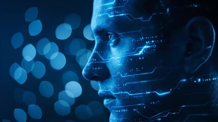 Closeup profile of a mans face illuminated by blue light, with futuristic digital circuit patterns overlaid, symbolizing ai and technology - Powered by Adobe