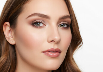 Fototapeta premium Portrait of a beautiful woman with expertly applied makeup, looking directly at the viewer.