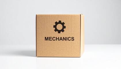 Cardboard box labeled "MECHANICS" with gear icon on white background.