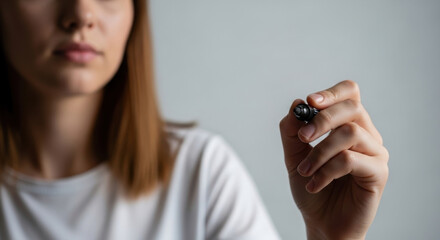 Woman Holds Marker Ready to Write: Focus on Ideas and Creativity in Studio Setting, Concept for Education and Communication Projects