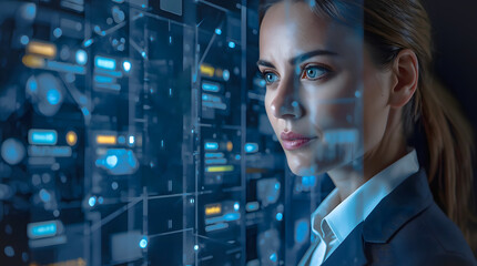 Young businesswoman on the city street uses a modern digital tablet to work on business technology concepts over the internet network