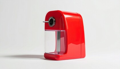 Red manual pencil sharpener with transparent shavings compartment.